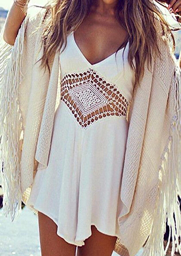 

Mini Dresses Lace Splicing Hollow Out Mini Dress without Necklace in White. Size