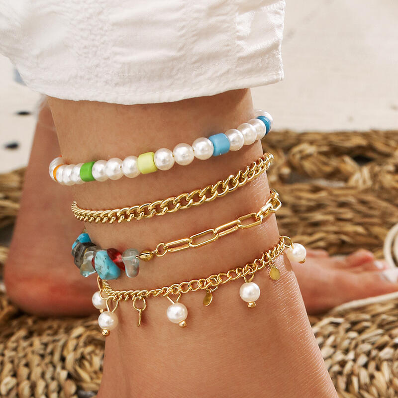 

Body Jewelry 4Pcs Pearls Gravel Stones Beading Anklet in Gold. Size