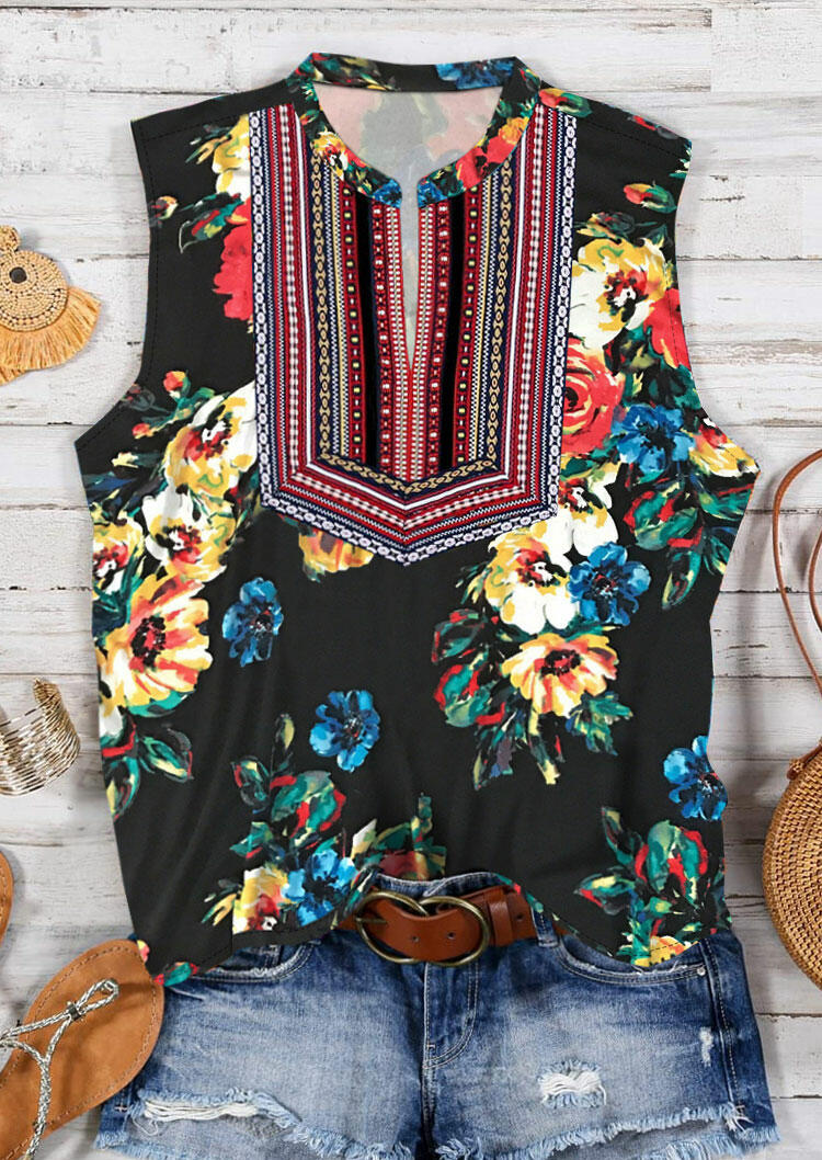 

Vintage Floral V-Neck Tank - Black, 472915