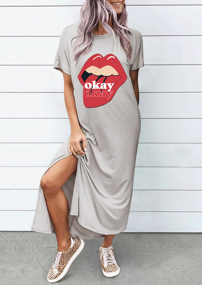 

Okay Lips Slit Maxi Dress - Gray, 472317