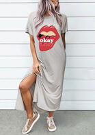 Okay Lips Slit Maxi Dress - Gray