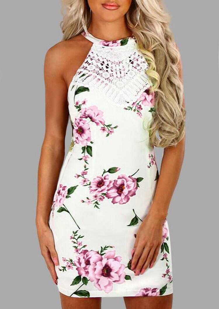 

Mini Dresses Floral Lace Splicing Halter Open Back Mini Dress in White. Size