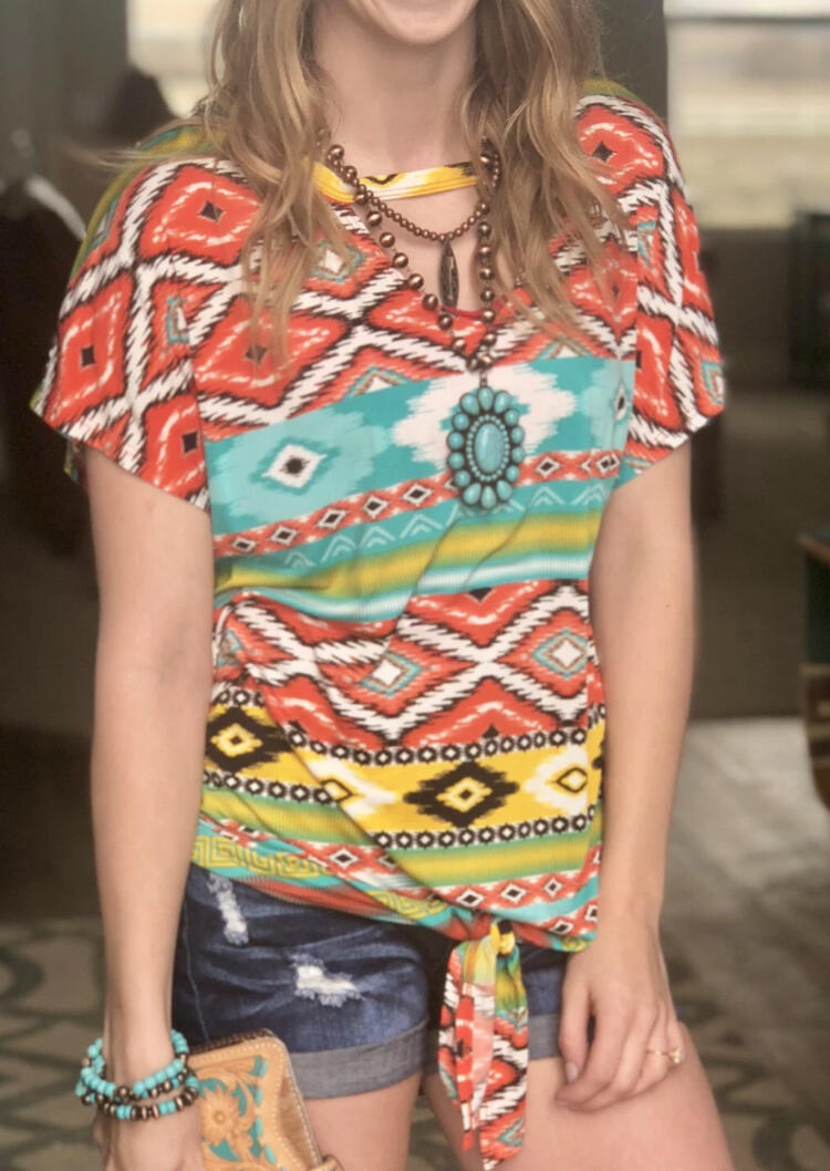 

Aztec Geometric Hollow Out Tie Blouse without Necklace, Multicolor, 472788