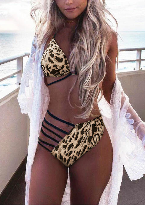 

Leopard Hollow Out Halter Tie Bikini Set, 472816
