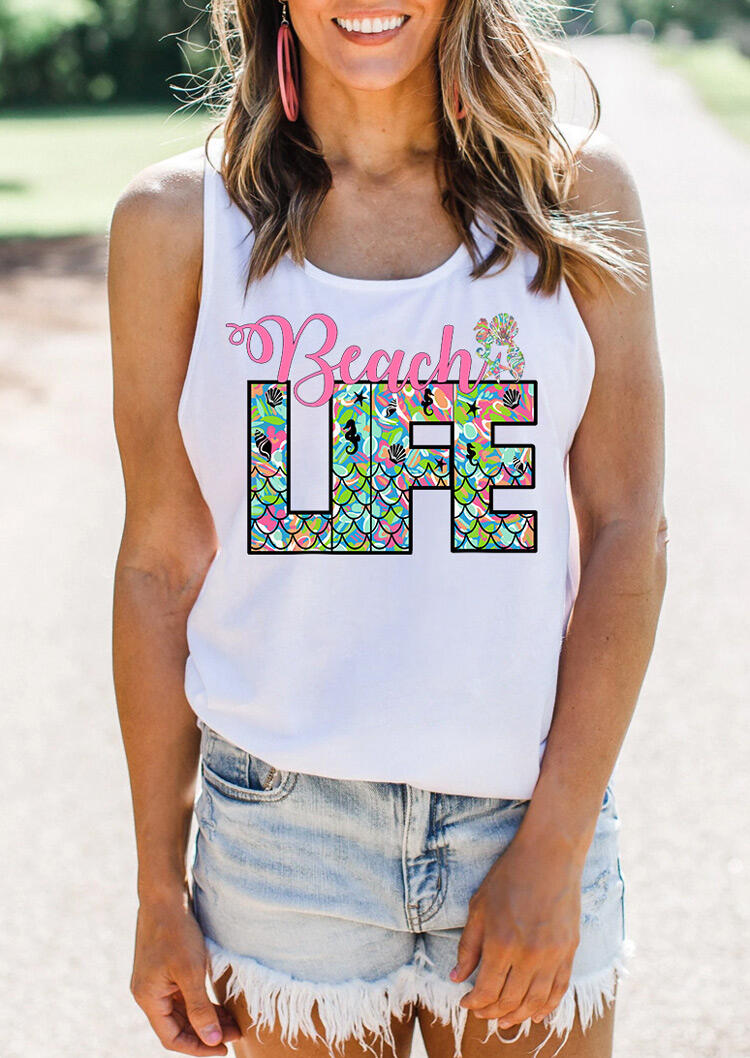 

Tank Tops Beach Life O-Neck Tank in White. Size
