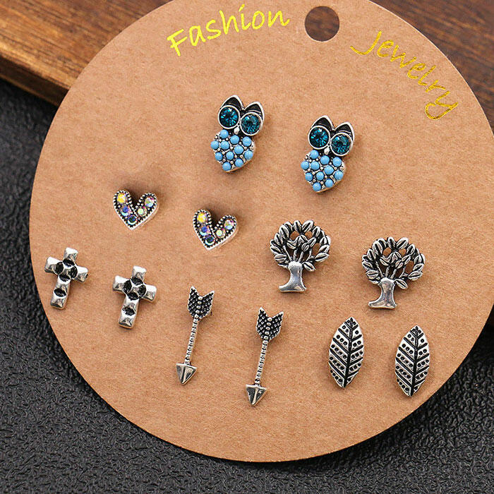 

6 Pairs Owl Leaf Tree Heart Earrings Set, Pattern1;pattern2, 472132