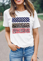 Peace Love America Leopard Star Striped T-Shirt Tee - White