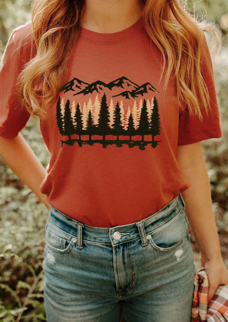 

Forest Tree Mountain O-Neck T-Shirt - Orange, 473070