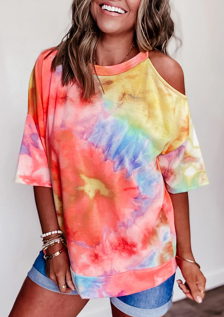 

Tie Dye Hollow Out One Shoulder Blouse, Multicolor, 473103