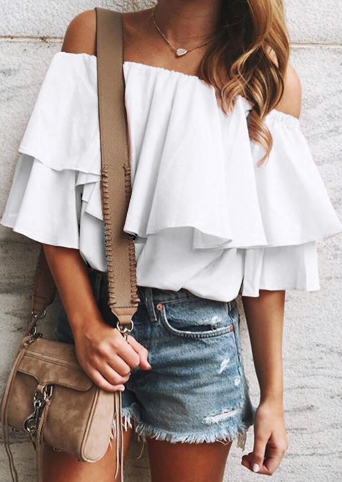 

Blouses Ruffled Layered Off Shoulder Blouse without Necklace in White. Size