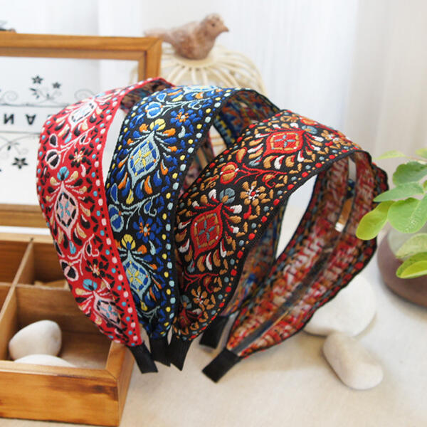 

Hair Accessories Bohemian Embroidered Floral Wide Hairband in Blue,Red. Size