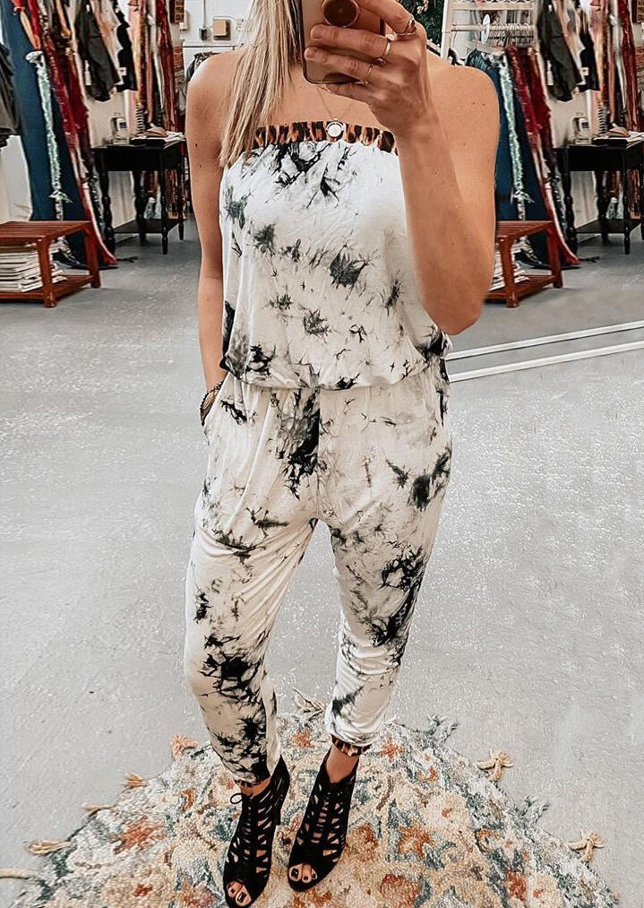 

Tie Dye Leopard Splicing Sleeveless Jumpsuit without Necklace - White, 473150