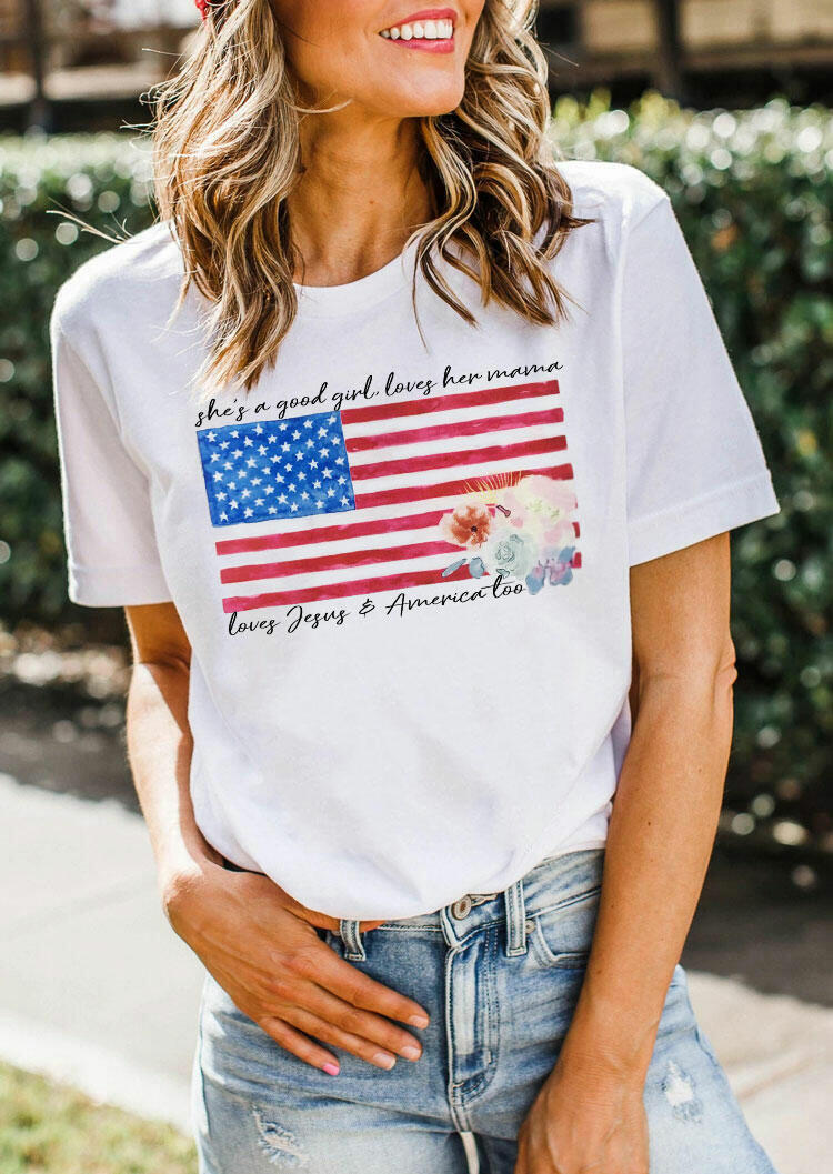 

She' A Good Girl Loves Her Mama American Flag T-Shirt Tee - White, 473152