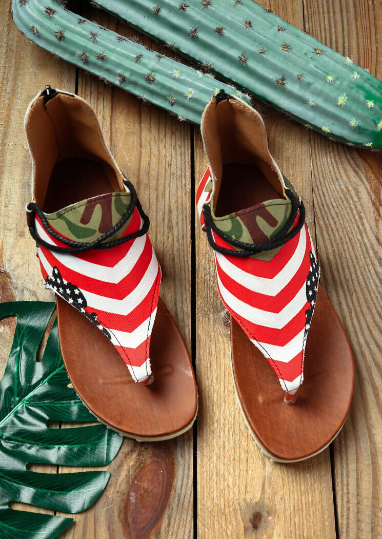 Camouflage American Flag Star Zipper Flat Sandals, 471820