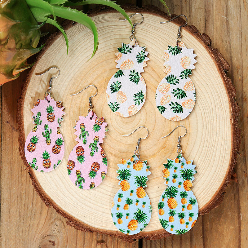 

Earrings 3 Pairs/Set Pineapple Cactus Dual-Sided Leather Earrings. Size, Multicolor