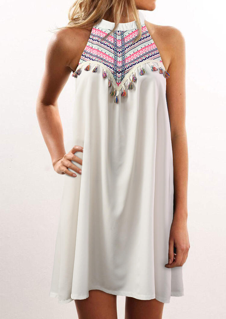 

Mini Dresses Tassel Floral Open Back Halter Mini Dress in White. Size