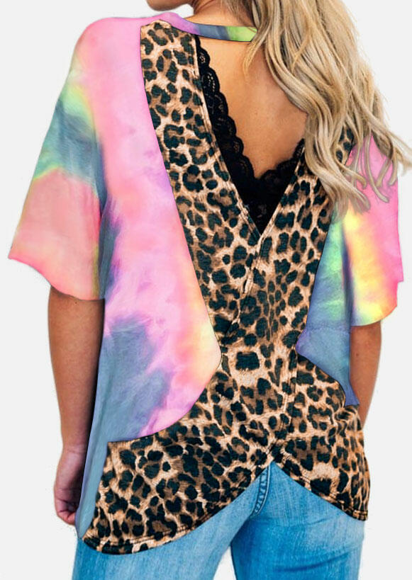 

Blouses Tie Dye Leopard Splicing Open Back Blouse in Multicolor. Size