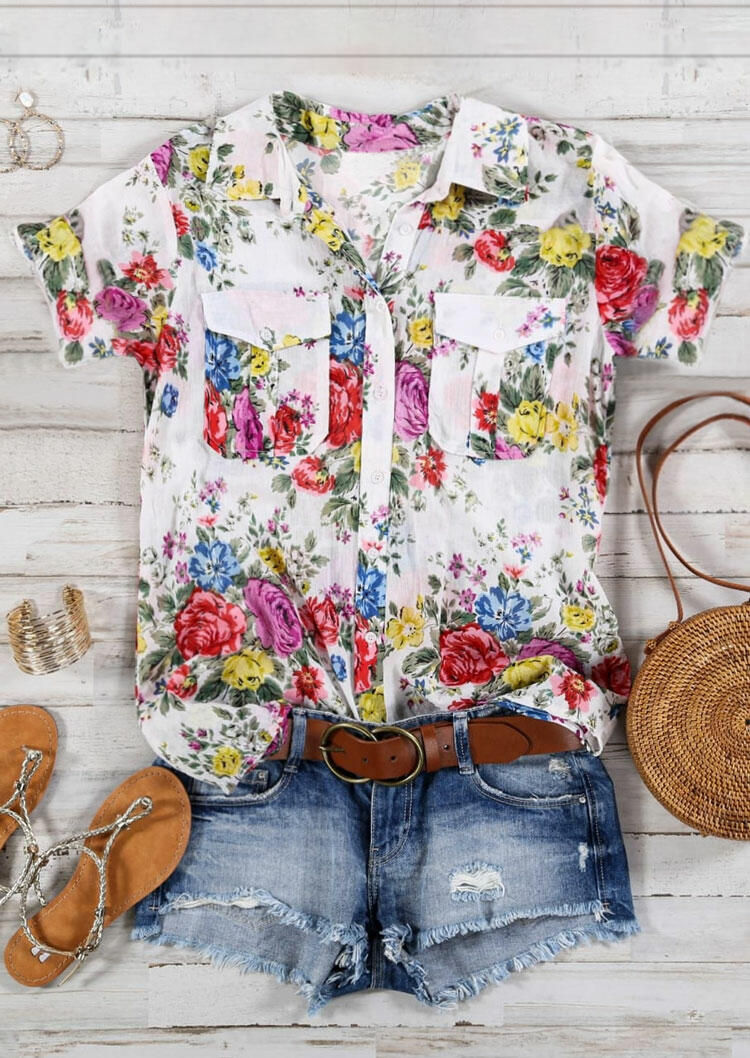 

Floral Pocket Button Shirt - White, 472982