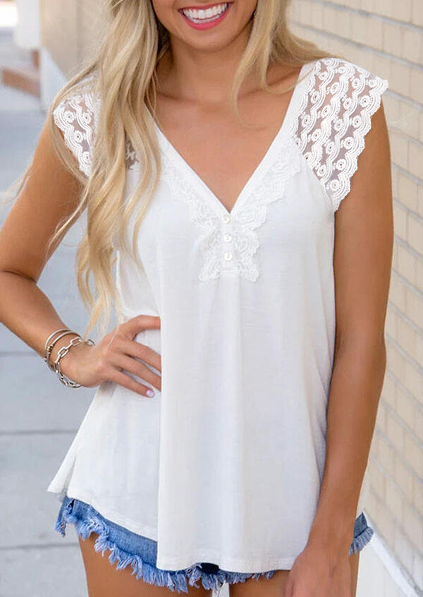 

Blouses Lace Splicing Button V-Neck Blouse in White. Size: ,XL