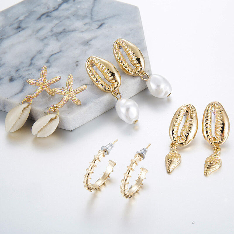 

Earrings 4 Pairs/Set Shell Pearl Conch Starfish Earrings - Gold. Size