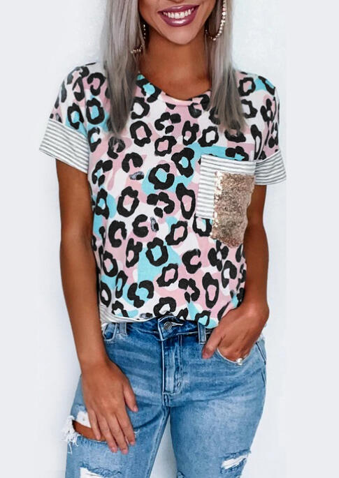 

Leopard Striped Splicing Sequined Pocket T-Shirt Tee, 473182