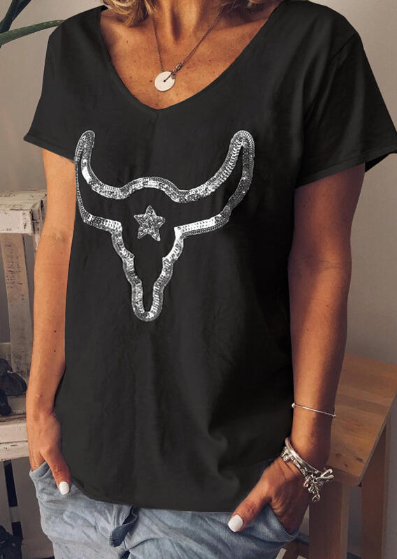 

Steer Skull Sequined T-Shirt Tee without Necklace - Black, 473233