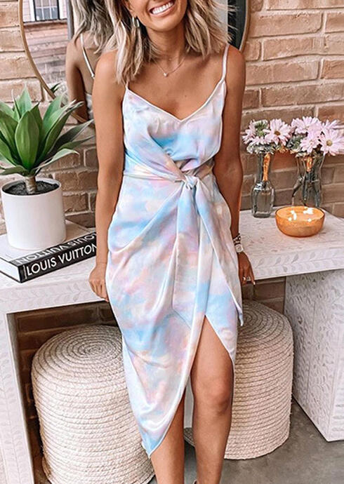 

Casual Dresses Tie Dye Irregular Spaghetti Strap Casual Dress without Necklace in LightBlue. Size: ,M