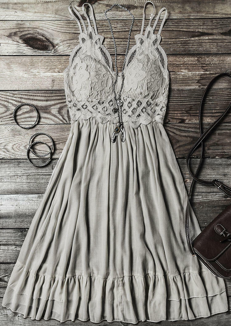 

Mini Dresses Lace Splicing Ruffled Spaghetti Strap Mini Dress without Necklace in Gray. Size