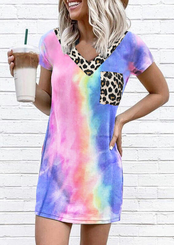 

Tie Dye Leopard Pocket Splicing Mini Dress, Multicolor, 473151