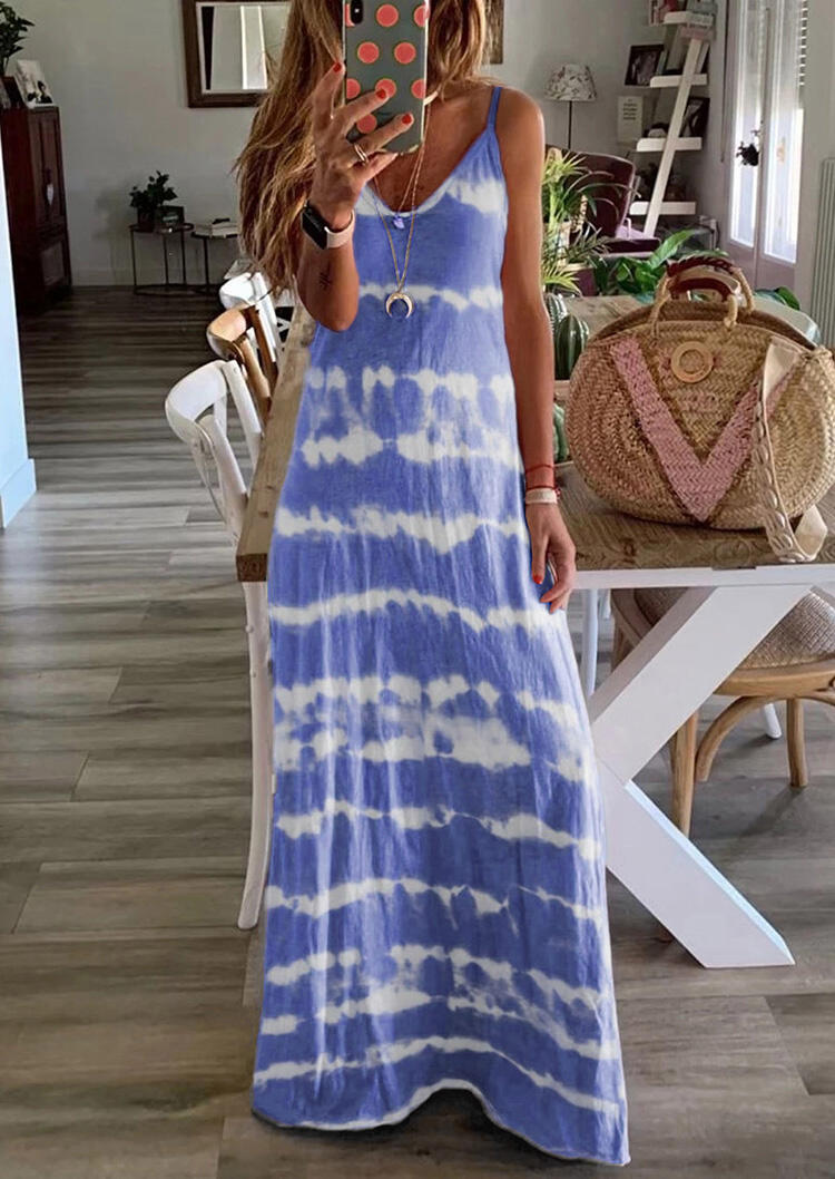 

Maxi Dresses Tie Dye Spaghetti Strap V-Neck Maxi Dress without Necklace in Blue. Size: ,XL