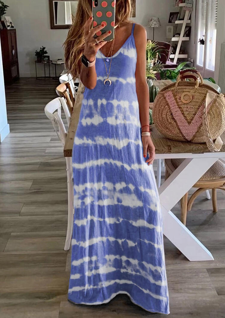 Maxi Dresses Tie Dye Spaghetti Strap V-Neck Maxi Dress without Necklace in Blue. Size: S