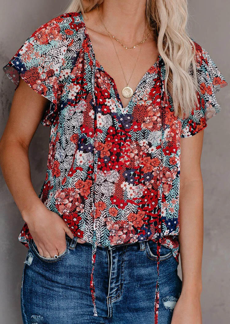 

Blouses Floral Ruffled V-Neck Tie Blouse without Necklace in Multicolor. Size