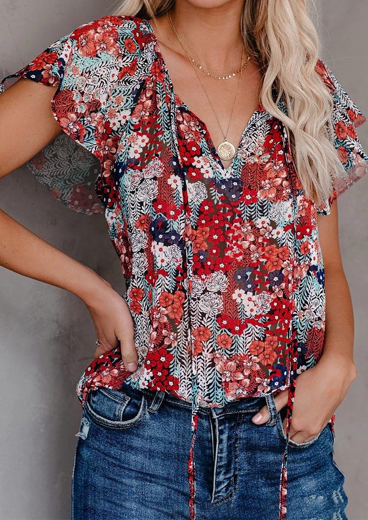 

Floral Ruffled V-Neck Tie Blouse without Necklace, Multicolor, 473379