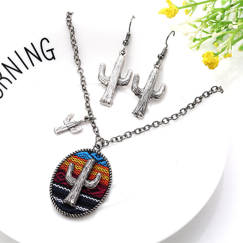 

Necklaces Cactus Embroidery Pendant Necklace And Earrings Set in Silver. Size