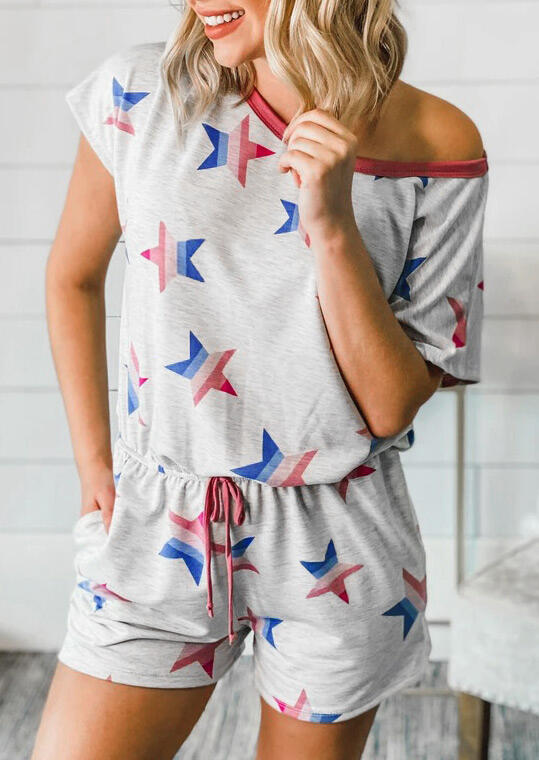 

Jumpsuits & Rompers Star Drawstring O-Neck Romper in Light Grey. Size