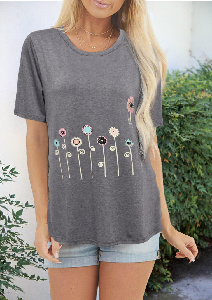 

Tees T-shirts Floral O-Neck T-Shirt Tee without Necklace in Gray. Size