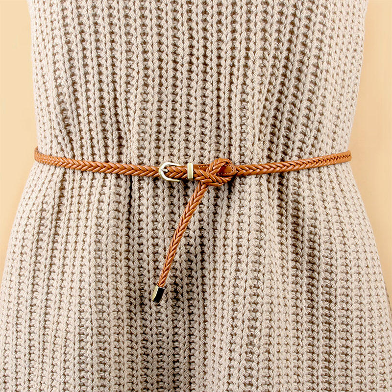 

Women Skinny Braided Waist Belt, Black;camel, 473457