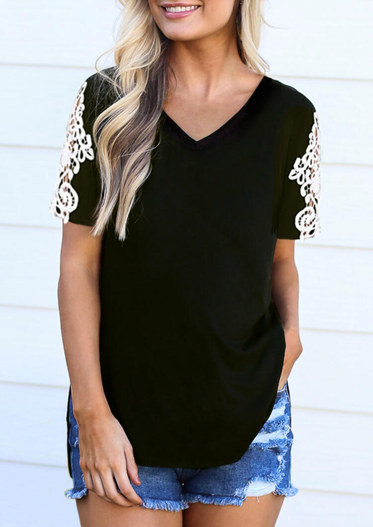 

Lace Splicing V-Neck Blouse - Black, 473491