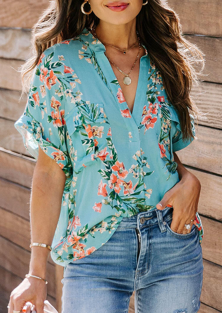 

Floral V-Neck Blouse without Necklace - Cyan, 473643