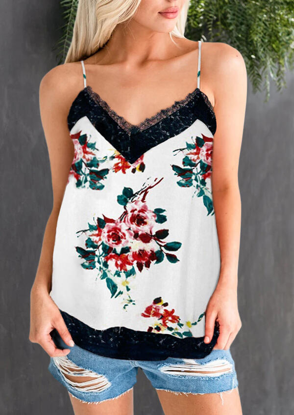 

Tank Tops Floral Lace Splicing Camisole in White. Size