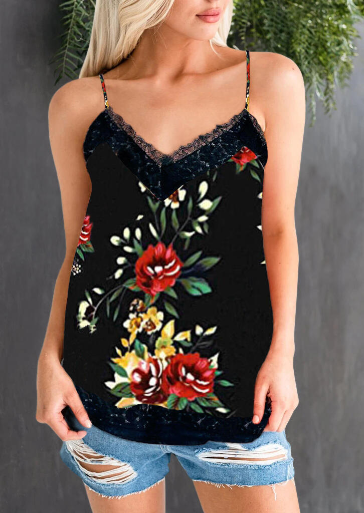 

Tank Tops Floral Lace Splicing Camisole in Black. Size