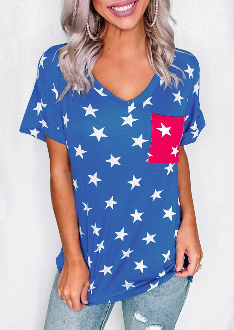 

Tees T-shirts Star Pocket V-Neck T-Shirt Tee - Blue. Size