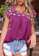 Floral Ruffled O-Neck Blouse - Plum