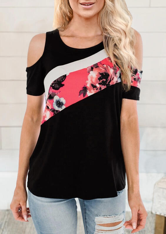 

Blouses Floral Splicing Cold Shoulder Blouse in Black. Size