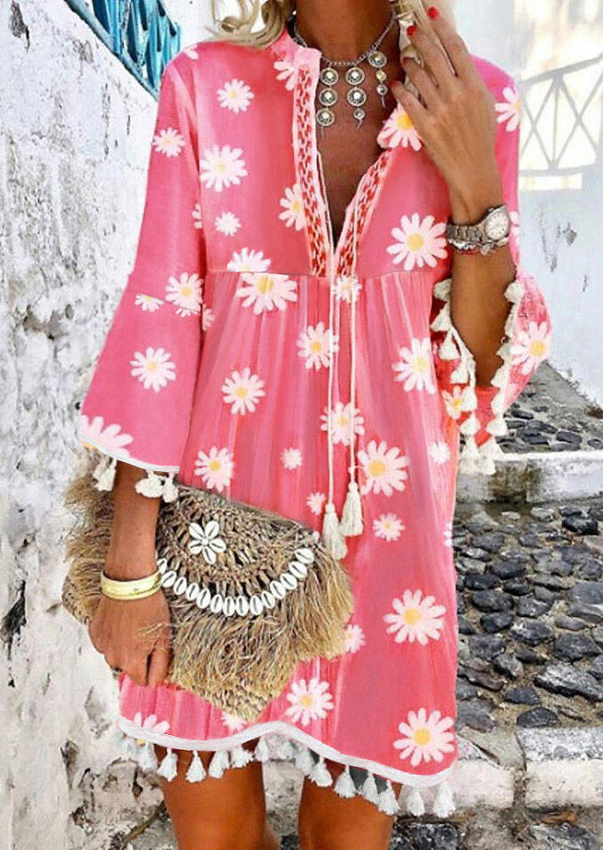 

Daisy Ruffled Tassel V-Neck Mini Dress without Necklace - Pink, 473610