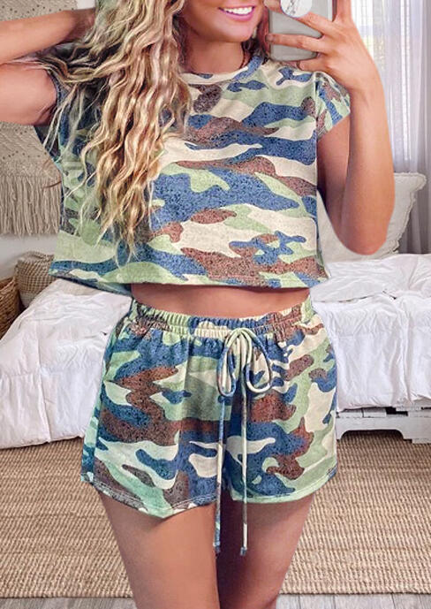 Camouflage O-Neck T-Shirt Tee And Pocket Drawstring Shorts