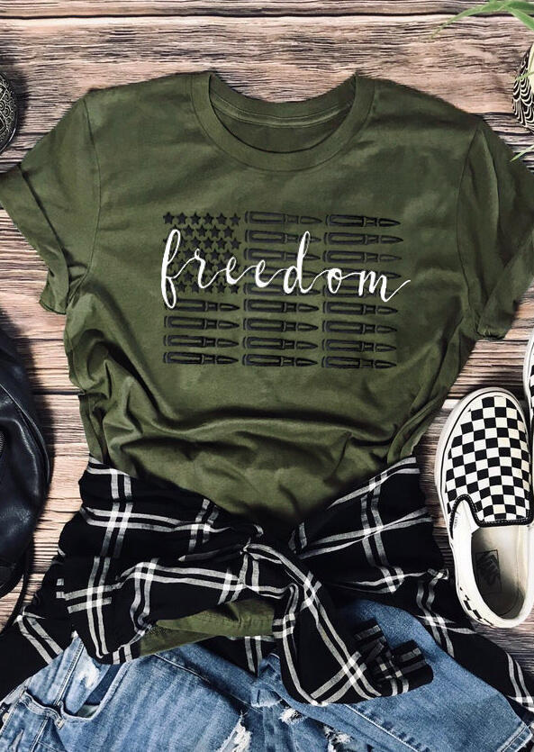 T-shirts Tees Freedom Star O-Neck T-Shirt Tee - Army Green in Green. Size: 2XL,3XL,L,M,S,XL
