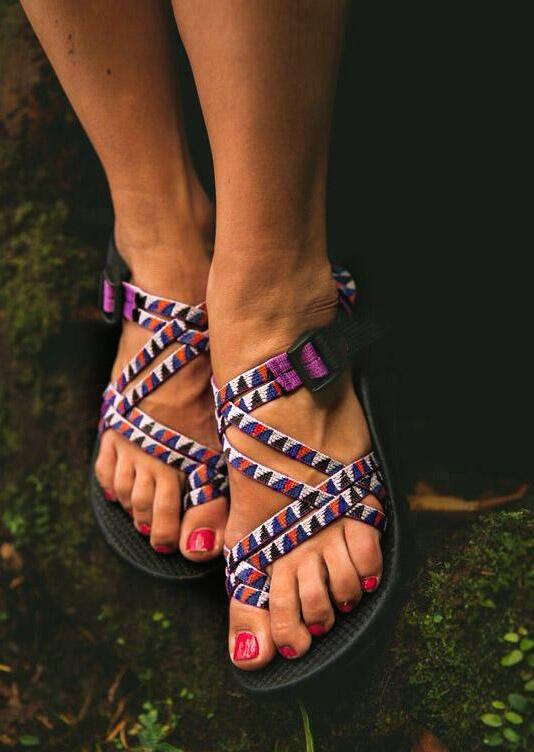 

Cross Webbing Round Toe Buckle Strap Sandals - Purple, 473408
