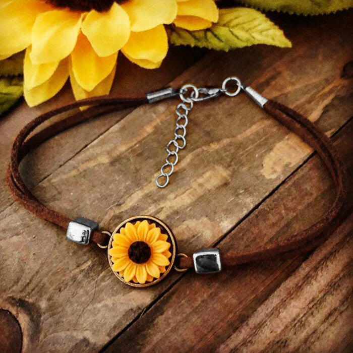 

Vintage Sunflower Leather Bracelet - Brown, 473721