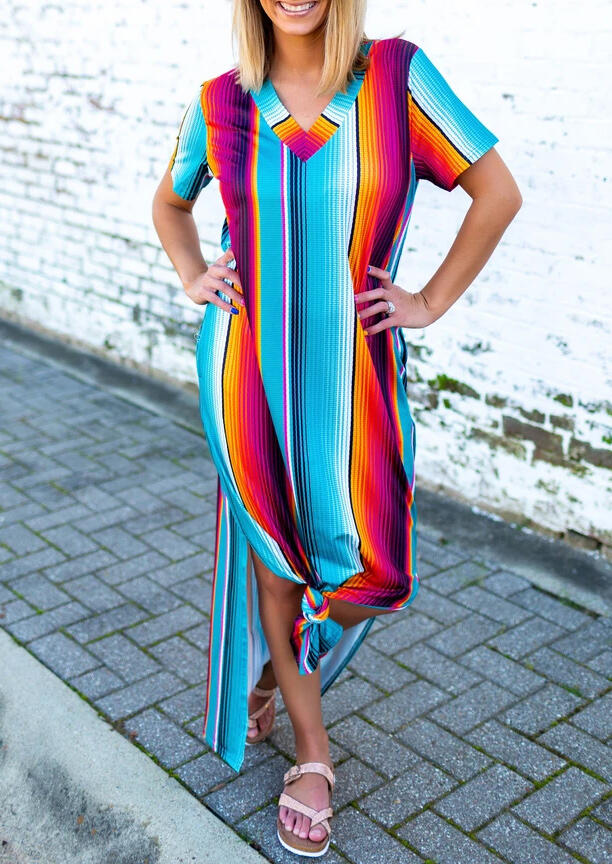 

Colorful Serape Striped Slit V-Neck Maxi Dress, Stripe, 473742